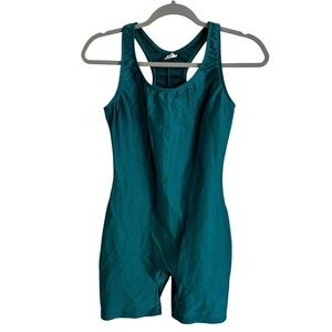 Vintage 80s The Body Co Medium Green Shiny Spandex Unitard Racerback Nylon USA